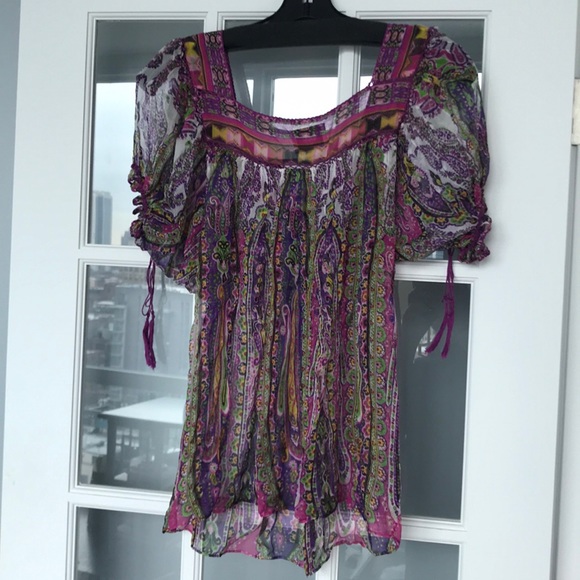 ECI multi colored pattern sheer peasant top - Picture 4 of 4